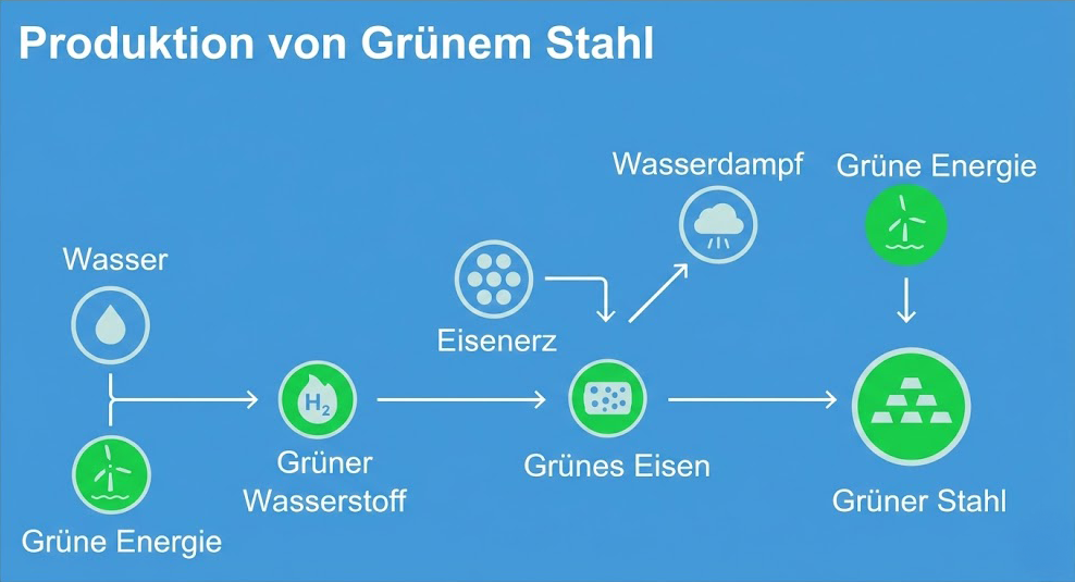 Schematische Darstellung: Produktion von grünem Stahl aus Wasser, grünem Wasserstoff, Eisenerz und grüner Energie.